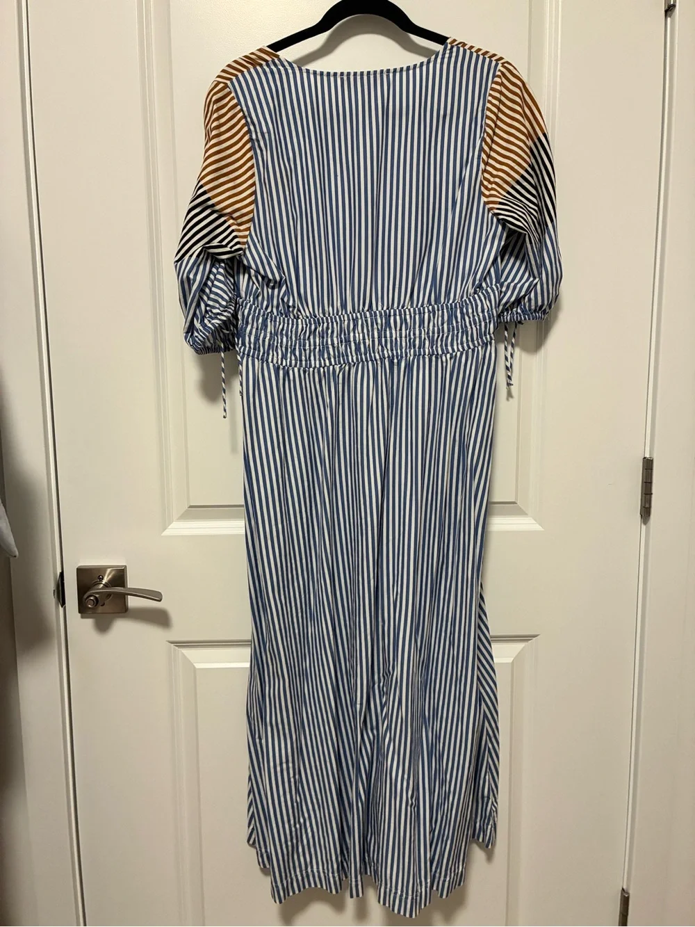 LOFT Blue and White Striped Maxi Dress with Tan Shoulder Panels